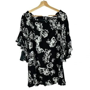 Boutique Olivaceous Black & White Floral Off Shoulder Long Bell Sleeve Dress